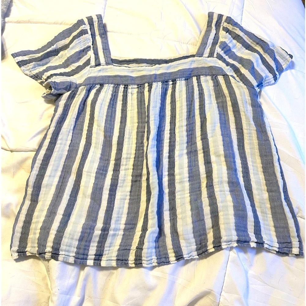Flutter Sleeve Linen Blue and White Striped Top